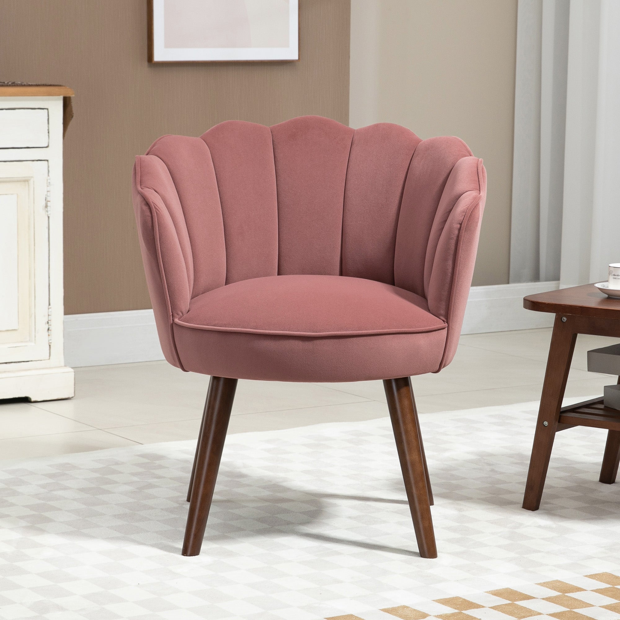Chair Living Room Lounge Chair in Shell Shape Recliner with Wooden Legs, Upholstered Chair Reading Chair with Velvet Look, Upholstered Chair for Bedroom Pink