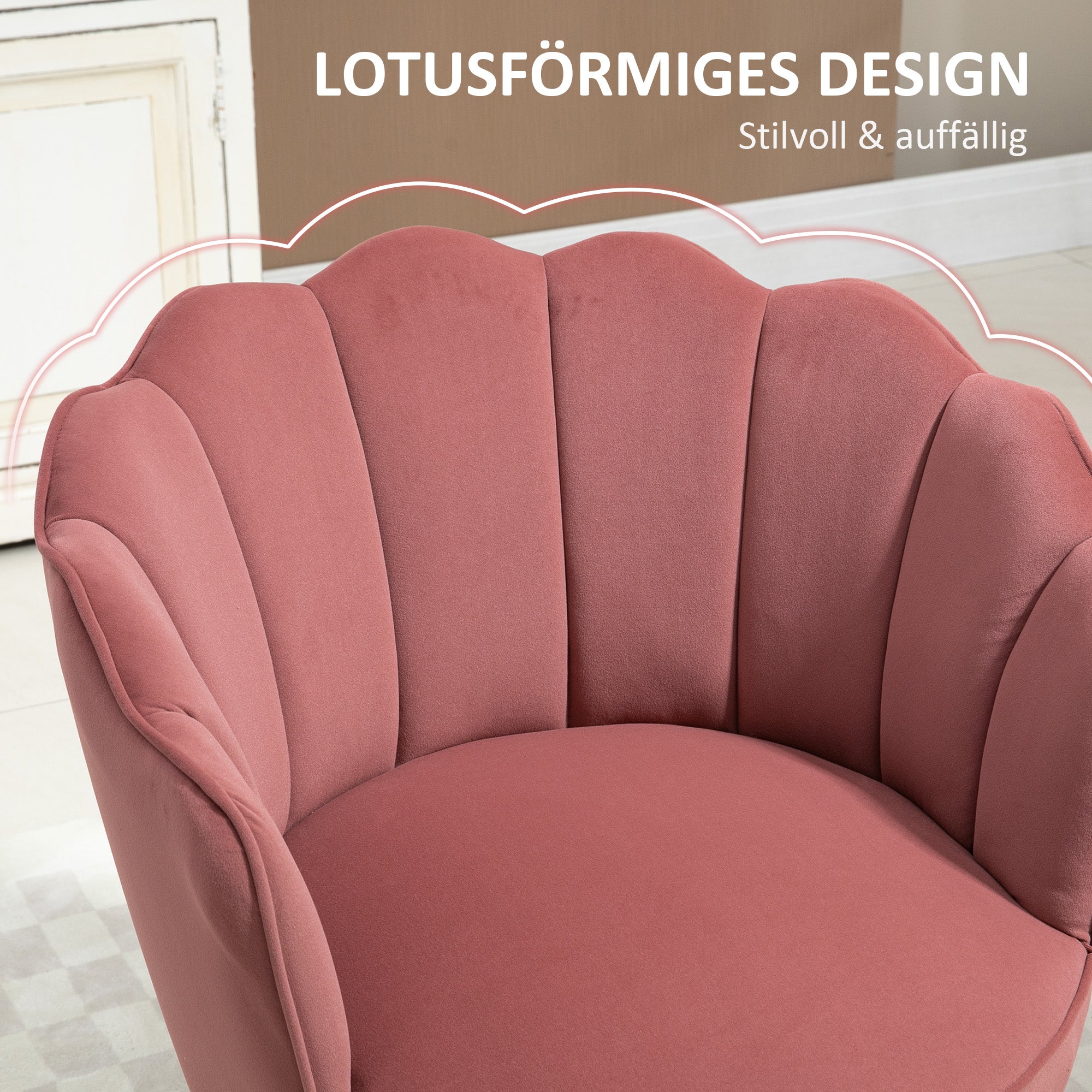 Chair Living Room Lounge Chair in Shell Shape Recliner with Wooden Legs, Upholstered Chair Reading Chair with Velvet Look, Upholstered Chair for Bedroom Pink