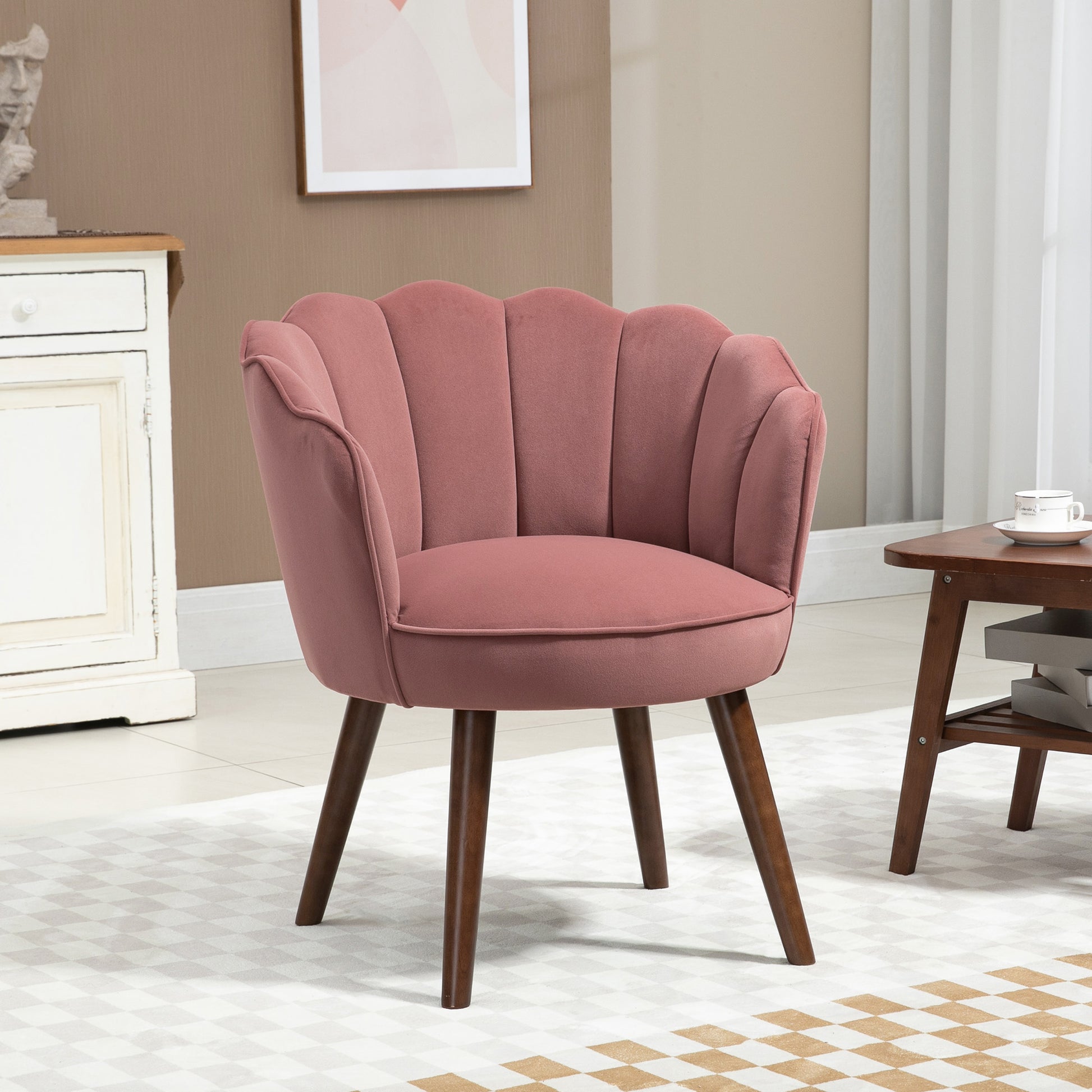 Chair Living Room Lounge Chair in Shell Shape Recliner with Wooden Legs, Upholstered Chair Reading Chair with Velvet Look, Upholstered Chair for Bedroom Pink