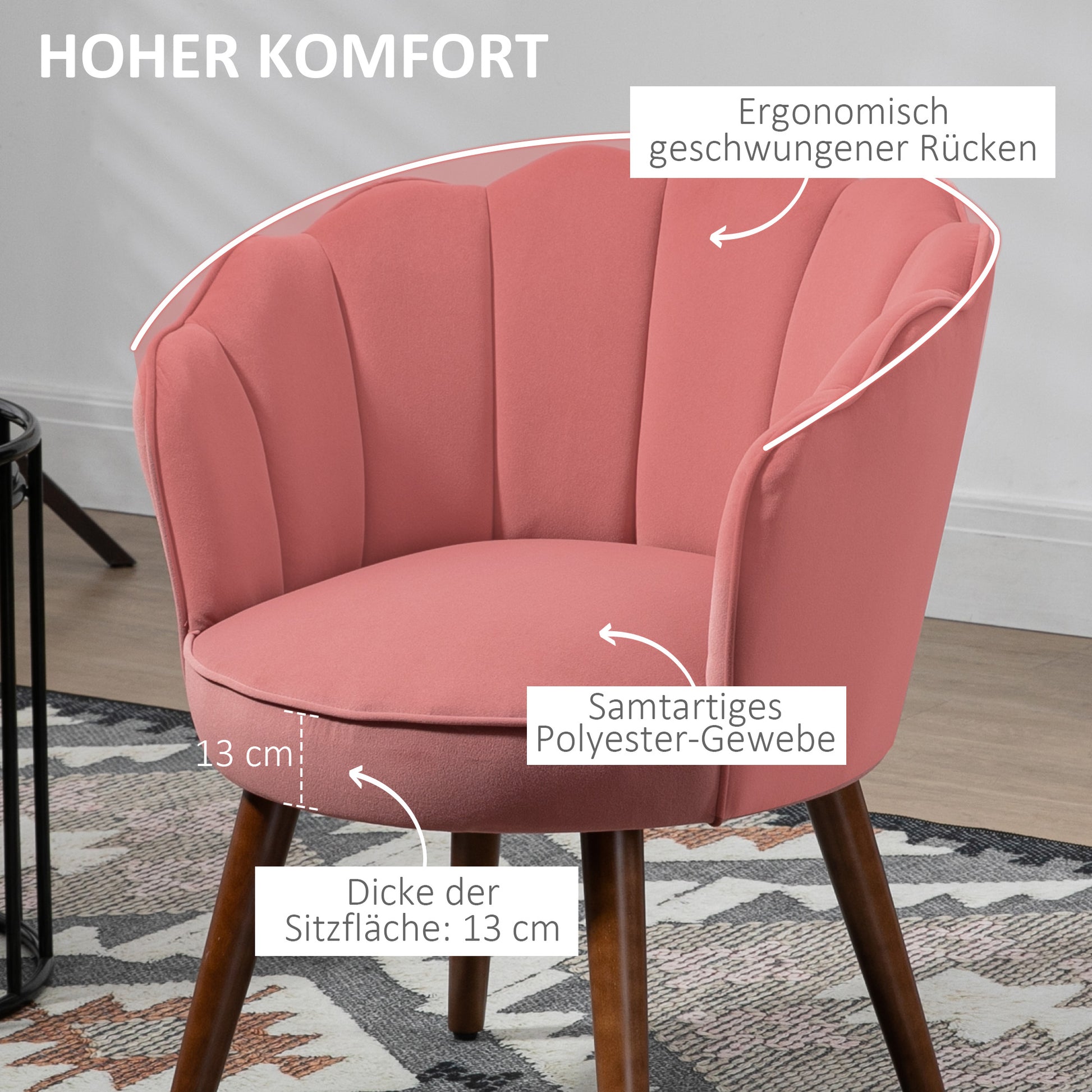 Chair Living Room Lounge Chair in Shell Shape Recliner with Wooden Legs, Upholstered Chair Reading Chair with Velvet Look, Upholstered Chair for Bedroom Pink