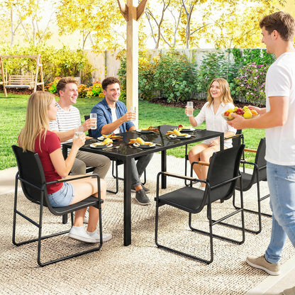 7-Piece Outdoor Dining Set — 59.1" x 31.5" Tempered Glass Table with 6 Breathable Mesh Chairs, Weather-Resistant, Black