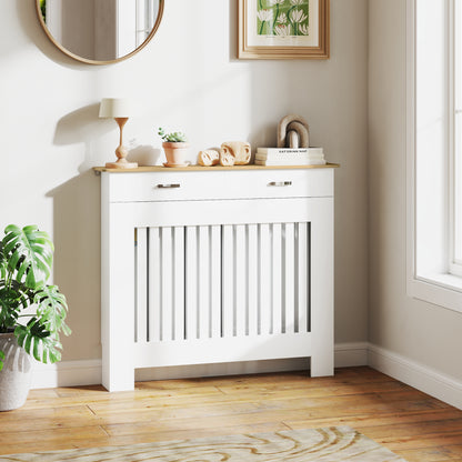 Radiator Cover with Anti-Tip Slats and Drawer, Wood Radiator Cover, 112x19x97 cm, White
