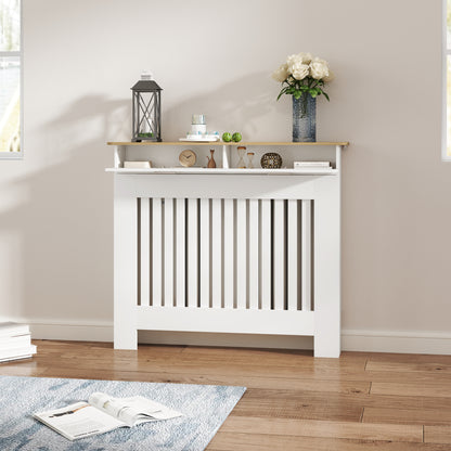 Radiator Cover with Anti-Tip Slats and Drawer, Wood Radiator Cover, 112x19x97 cm, White