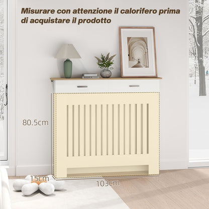 Radiator Cover with Anti-Tip Slats and Drawer, Wood Radiator Cover, 112x19x97 cm, White