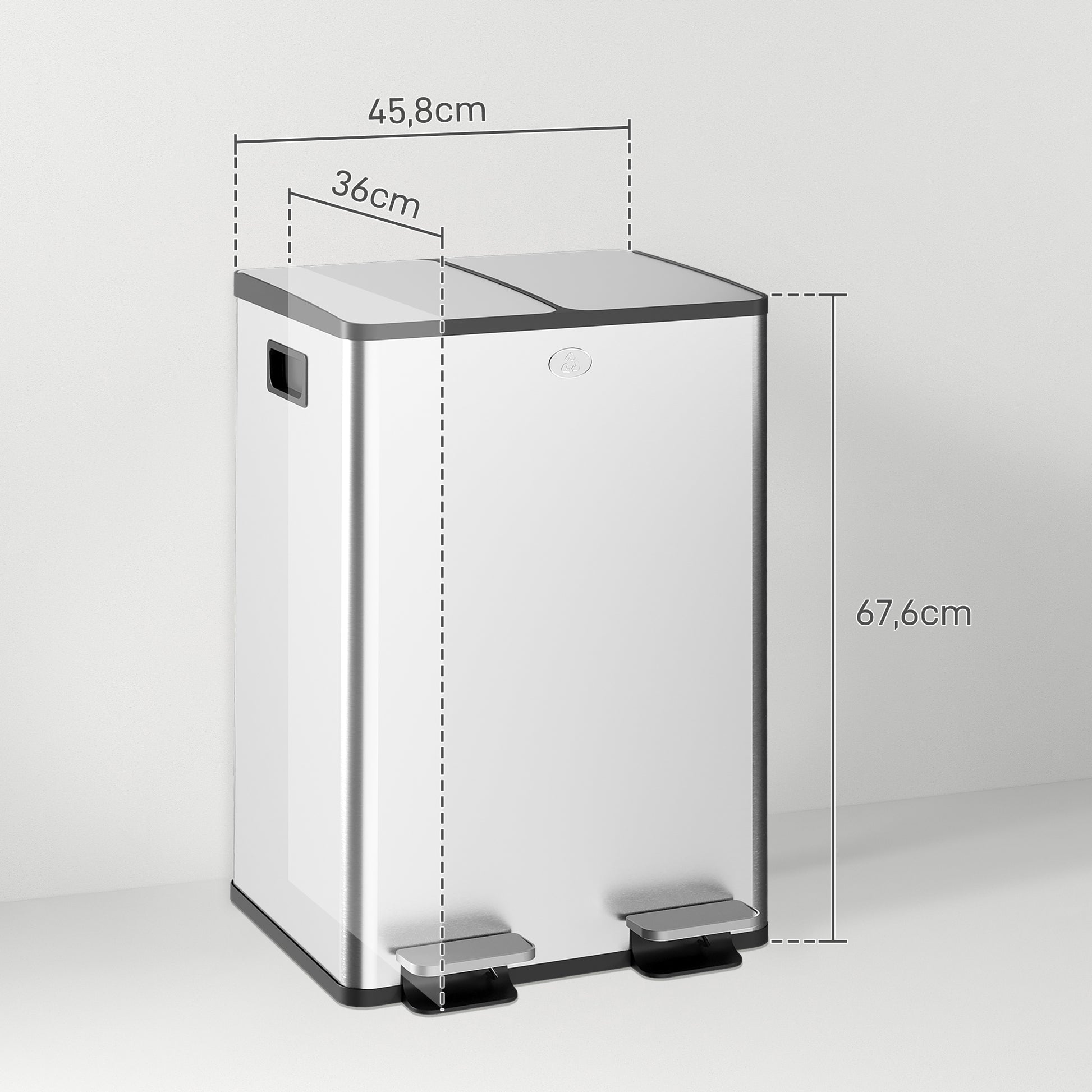 Double Kitchen Trash Can, 2 x 28L, Stainless Steel Pedal Trash Can, 2 Soft-Close Lids, Removable Inner Buckets, Smudge-Proof Handles 45.8x36x67.6cm