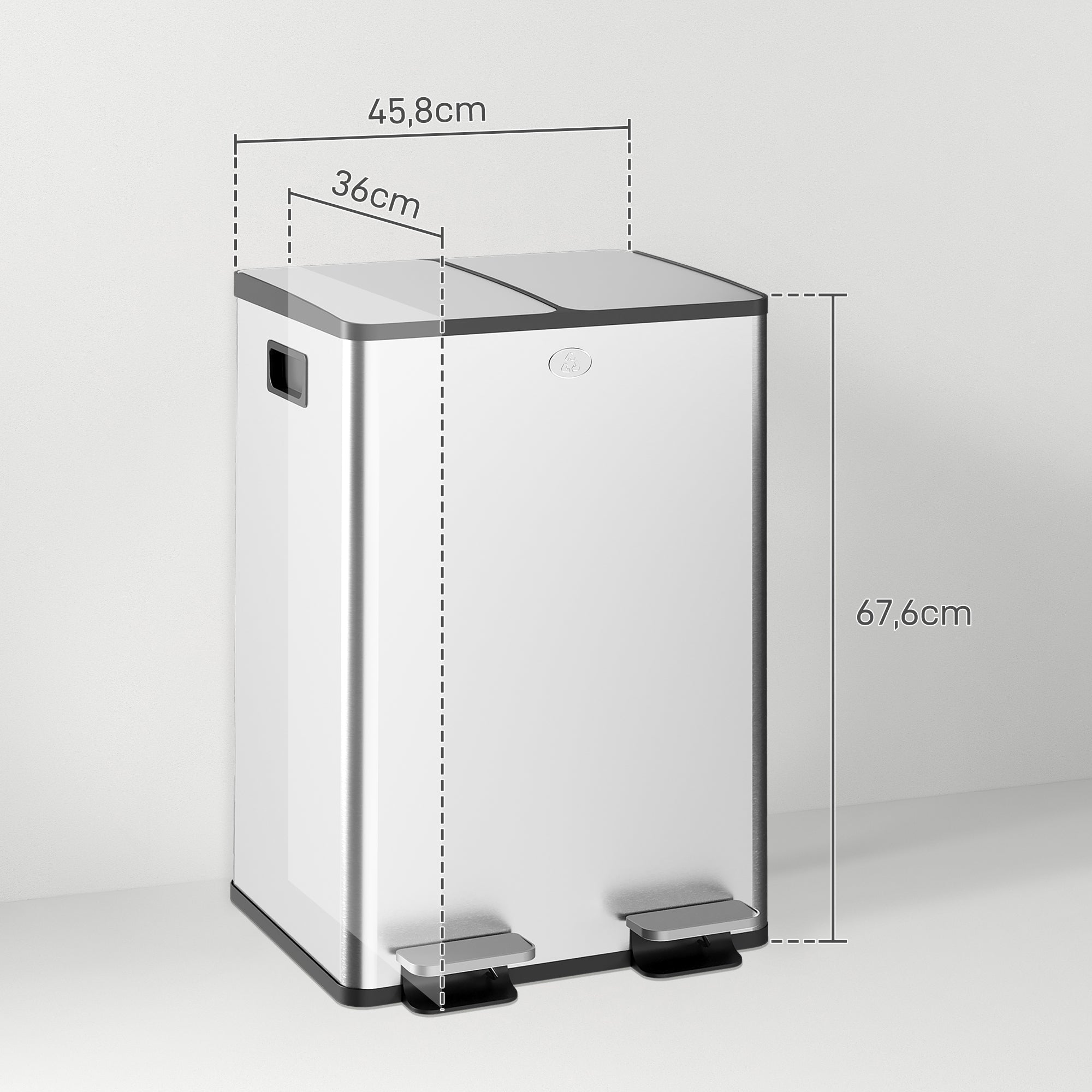 Double Kitchen Trash Can, 2 x 28L, Stainless Steel Pedal Trash Can, 2 Soft-Close Lids, Removable Inner Buckets, Smudge-Proof Handles 45.8x36x67.6cm