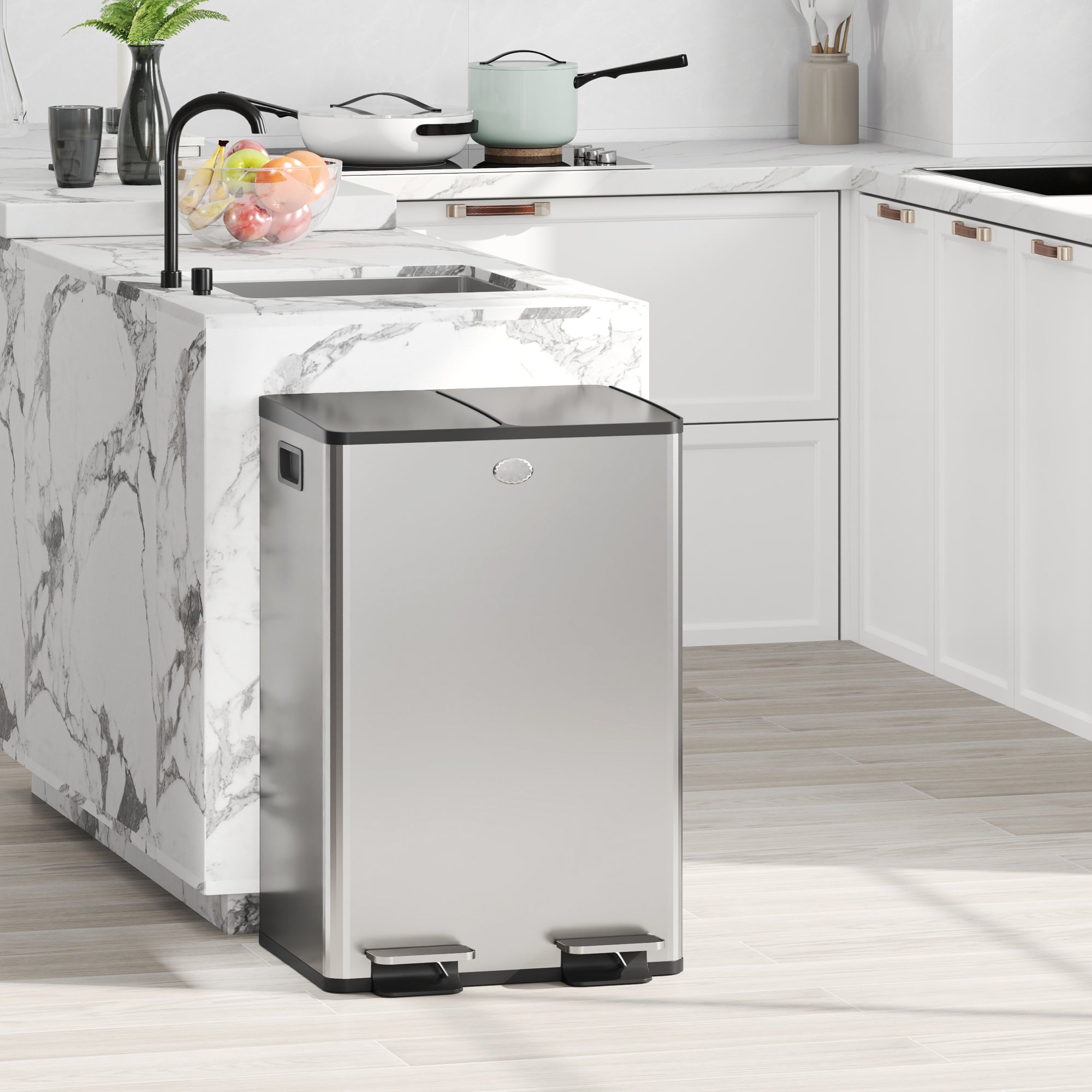 Double Kitchen Trash Can, 2 x 28L, Stainless Steel Pedal Trash Can, 2 Soft-Close Lids, Removable Inner Buckets, Smudge-Proof Handles 45.8x36x67.6cm