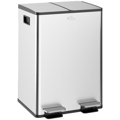 Double Kitchen Trash Can, 2 x 28L, Stainless Steel Pedal Trash Can, 2 Soft-Close Lids, Removable Inner Buckets, Smudge-Proof Handles 45.8x36x67.6cm