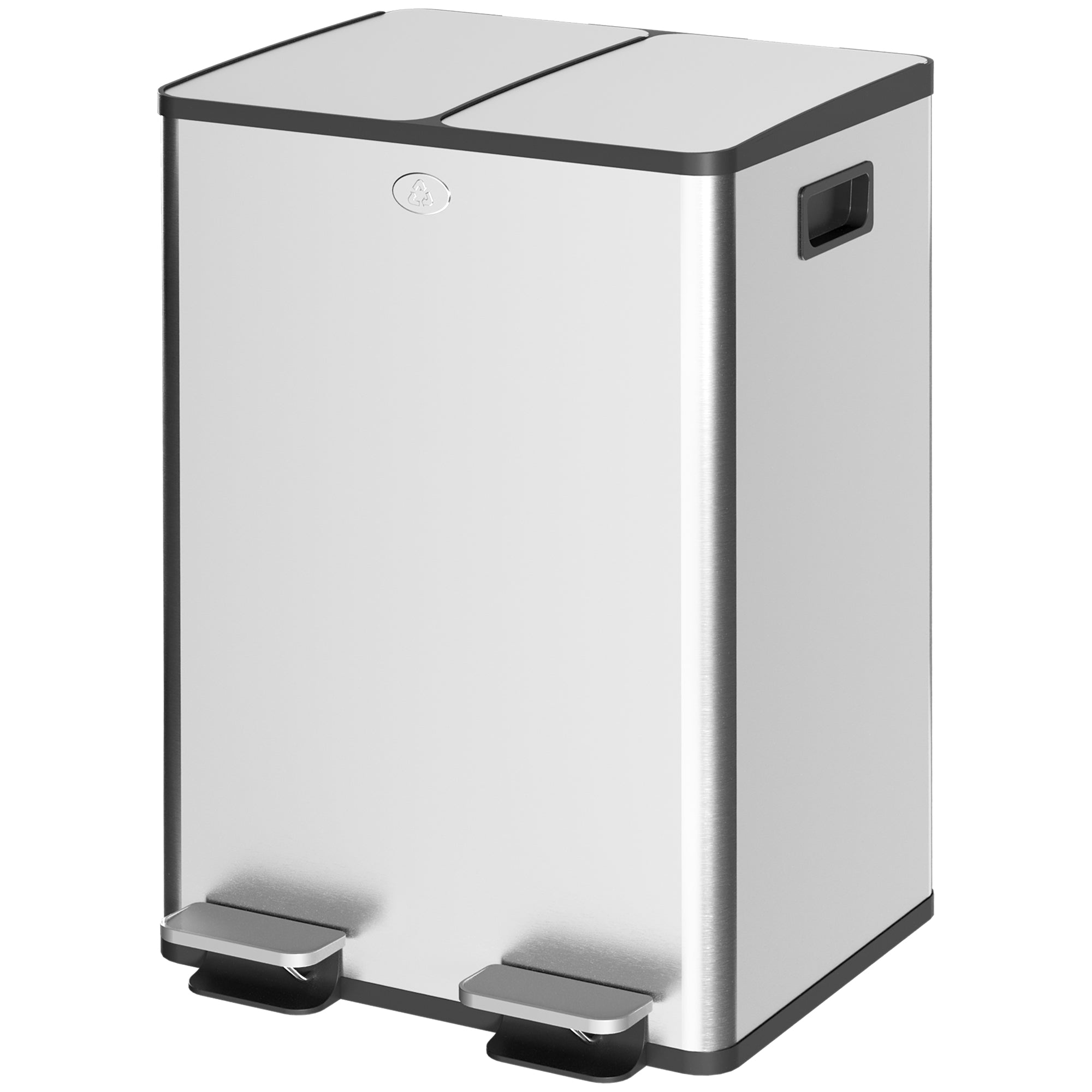 Double Kitchen Trash Can, 2 x 28L, Stainless Steel Pedal Trash Can, 2 Soft-Close Lids, Removable Inner Buckets, Smudge-Proof Handles 45.8x36x67.6cm