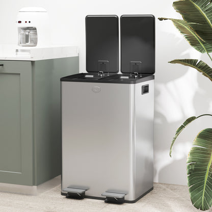 Double Kitchen Trash Can, 2 x 28L, Stainless Steel Pedal Trash Can, 2 Soft-Close Lids, Removable Inner Buckets, Smudge-Proof Handles 45.8x36x67.6cm