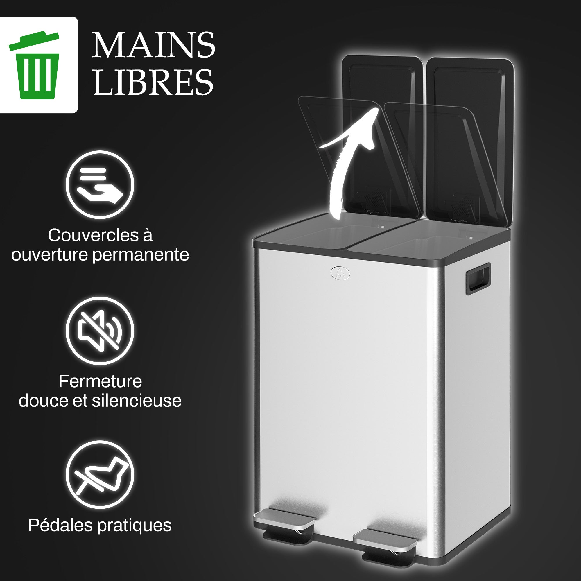 Double Kitchen Trash Can, 2 x 28L, Stainless Steel Pedal Trash Can, 2 Soft-Close Lids, Removable Inner Buckets, Smudge-Proof Handles 45.8x36x67.6cm