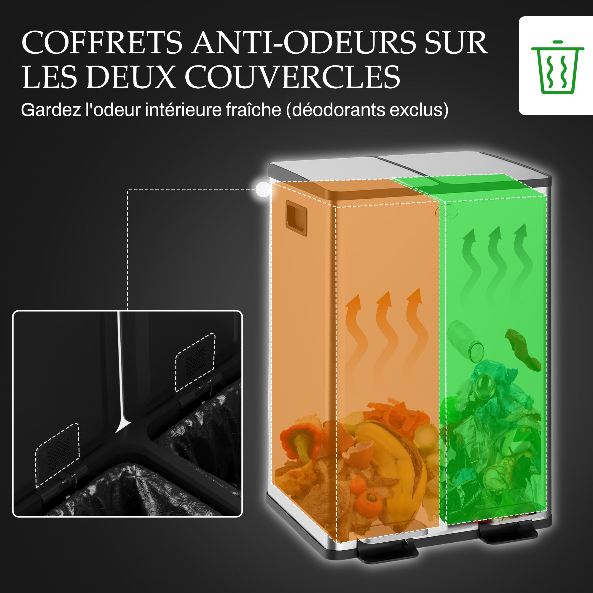 Double Kitchen Trash Can, 2 x 28L, Stainless Steel Pedal Trash Can, 2 Soft-Close Lids, Removable Inner Buckets, Smudge-Proof Handles 45.8x36x67.6cm