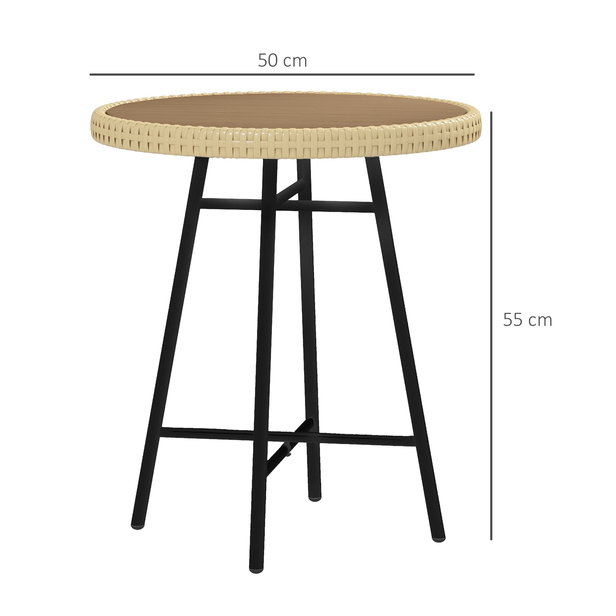 Outdoor Coffee Table with X Frame and Wood Plastic Top, Steel Table for Indoor and Outdoor, 50x50x55 cm, Black and Wood Color