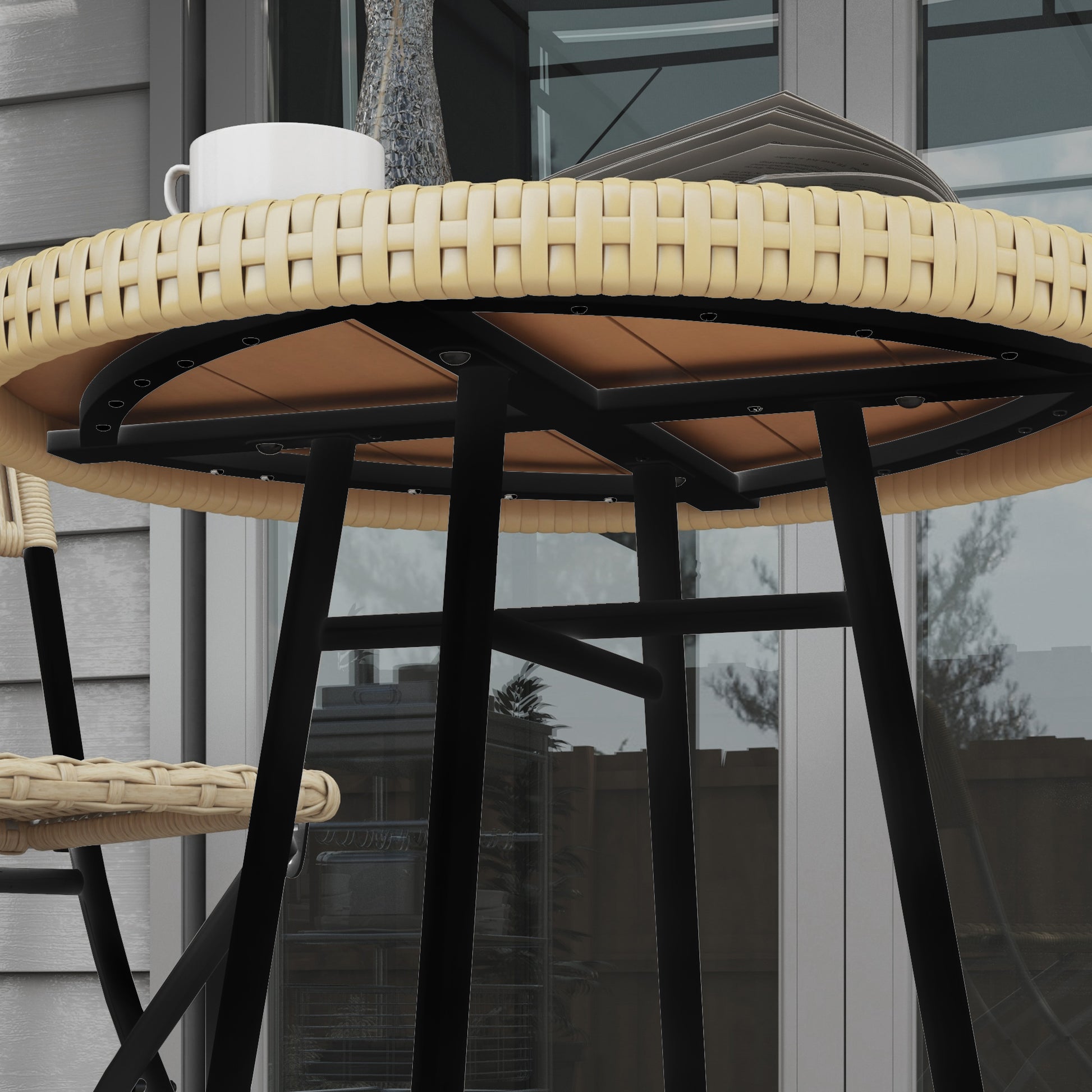 Outdoor Coffee Table with X Frame and Wood Plastic Top, Steel Table for Indoor and Outdoor, 50x50x55 cm, Black and Wood Color