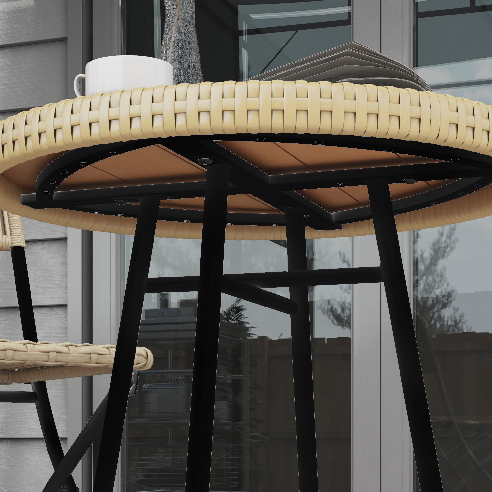 Outdoor Coffee Table with X Frame and Wood Plastic Top, Steel Table for Indoor and Outdoor, 50x50x55 cm, Black and Wood Color