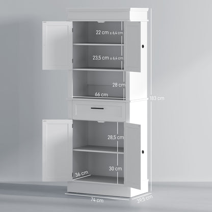 Kitchen Pantry Buffet Sideboard Microwave Storage Cabinet with 4 Doors 1 Drawer and Open Shelf for Living Room 74x39.5x183 cm White