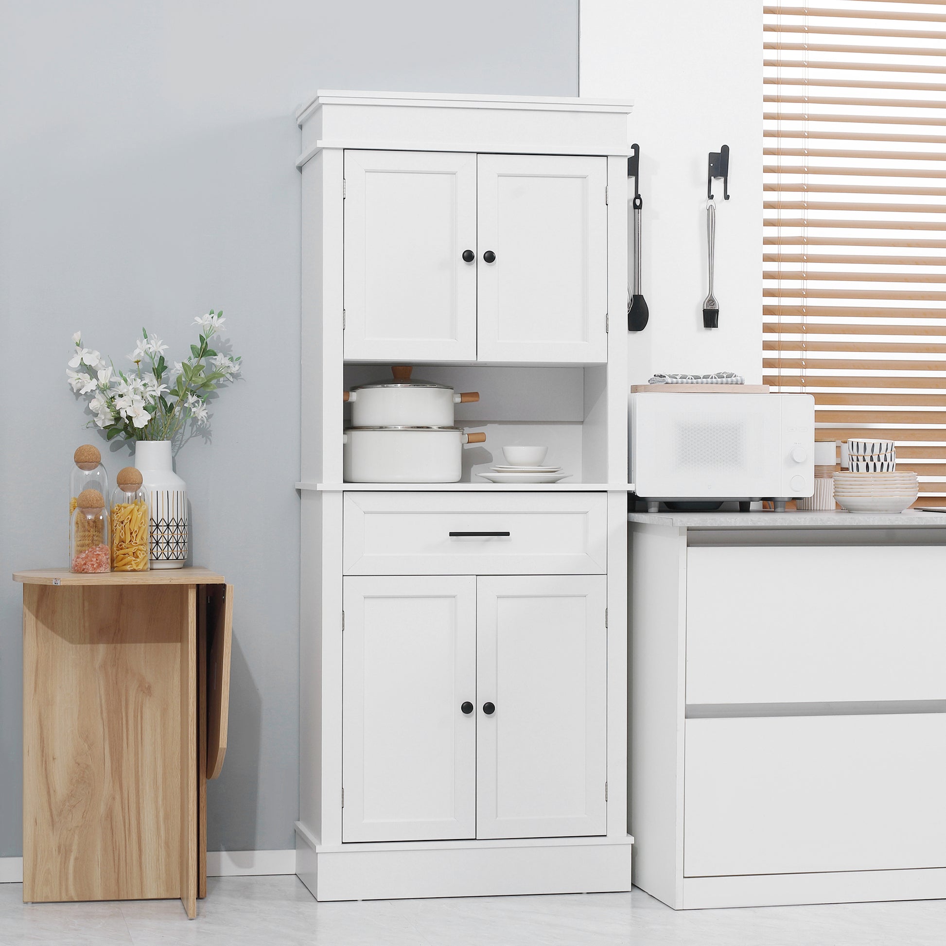Kitchen Pantry Buffet Sideboard Microwave Storage Cabinet with 4 Doors 1 Drawer and Open Shelf for Living Room 74x39.5x183 cm White