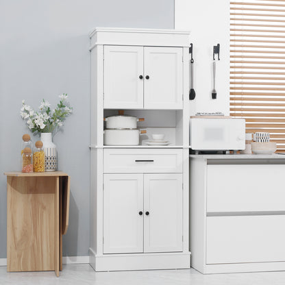 Kitchen Pantry Buffet Sideboard Microwave Storage Cabinet with 4 Doors 1 Drawer and Open Shelf for Living Room 74x39.5x183 cm White