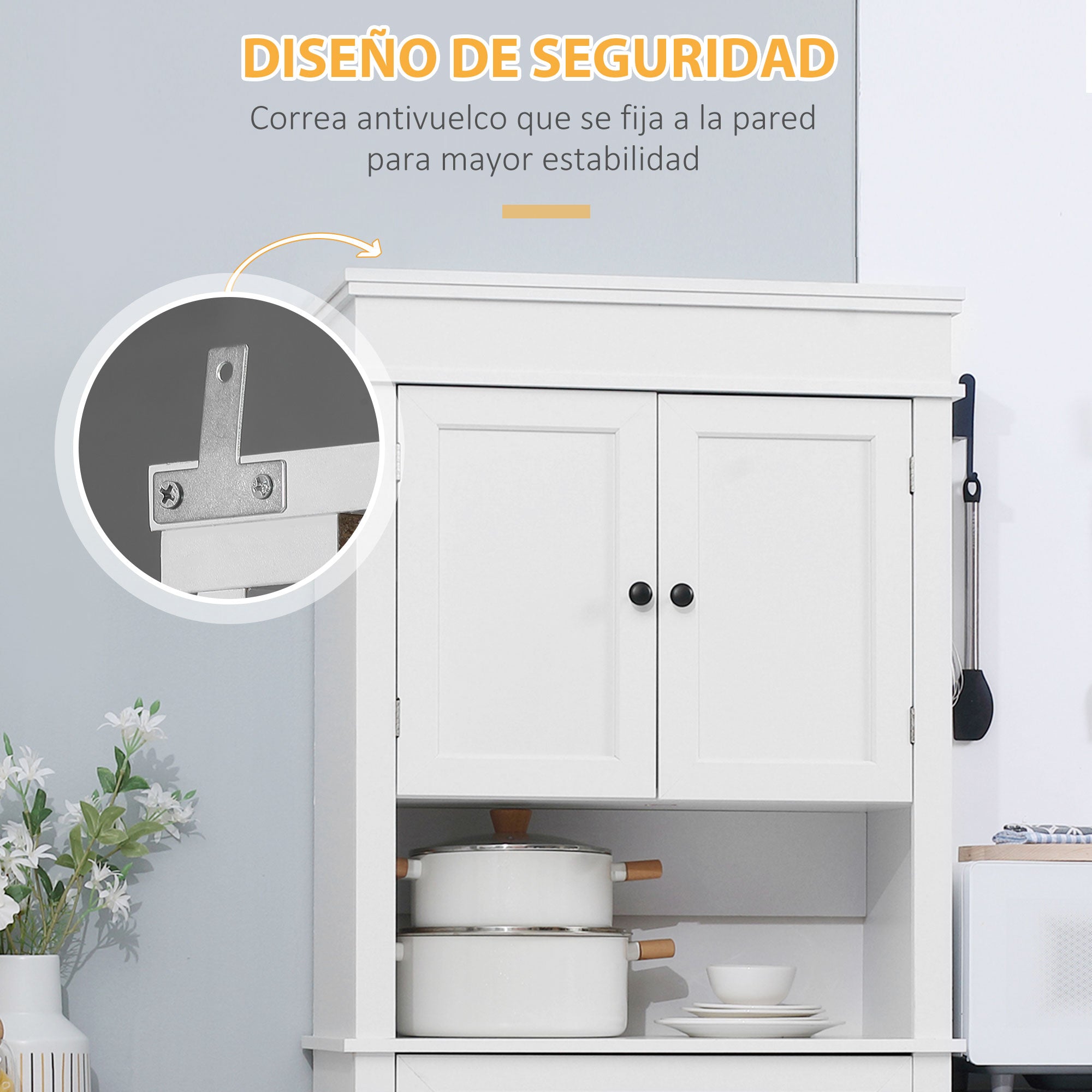 Kitchen Pantry Buffet Sideboard Microwave Storage Cabinet with 4 Doors 1 Drawer and Open Shelf for Living Room 74x39.5x183 cm White