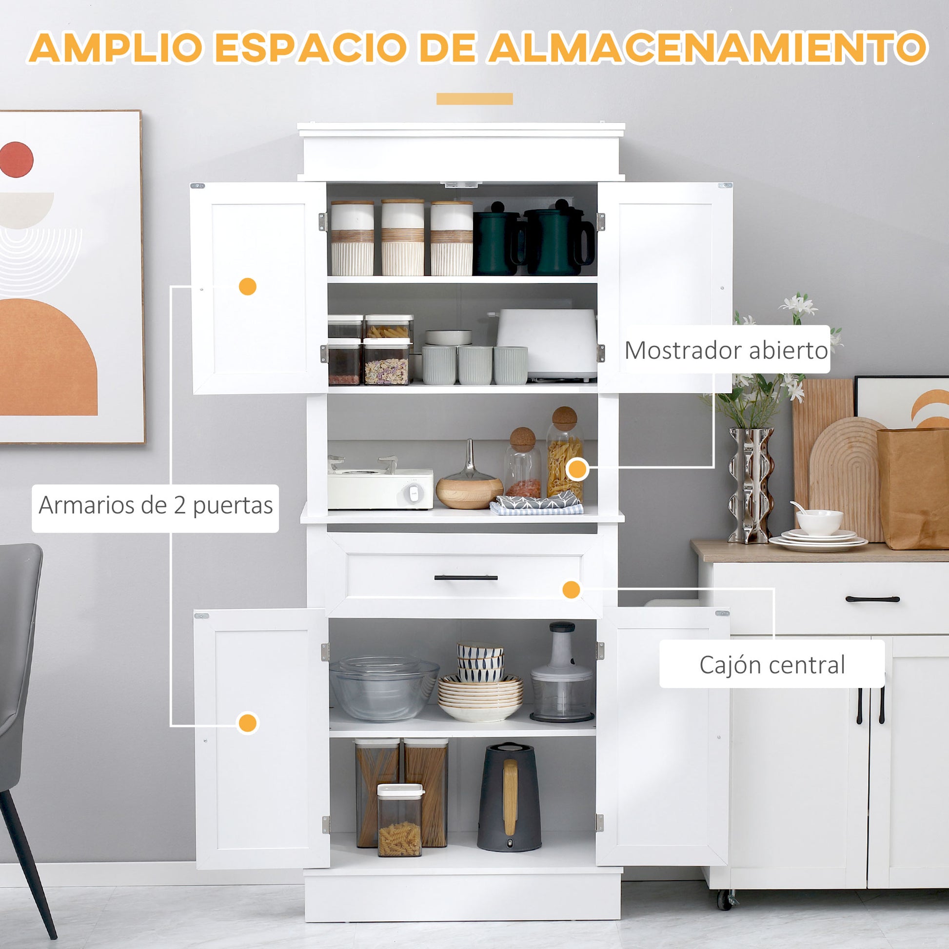 Kitchen Pantry Buffet Sideboard Microwave Storage Cabinet with 4 Doors 1 Drawer and Open Shelf for Living Room 74x39.5x183 cm White