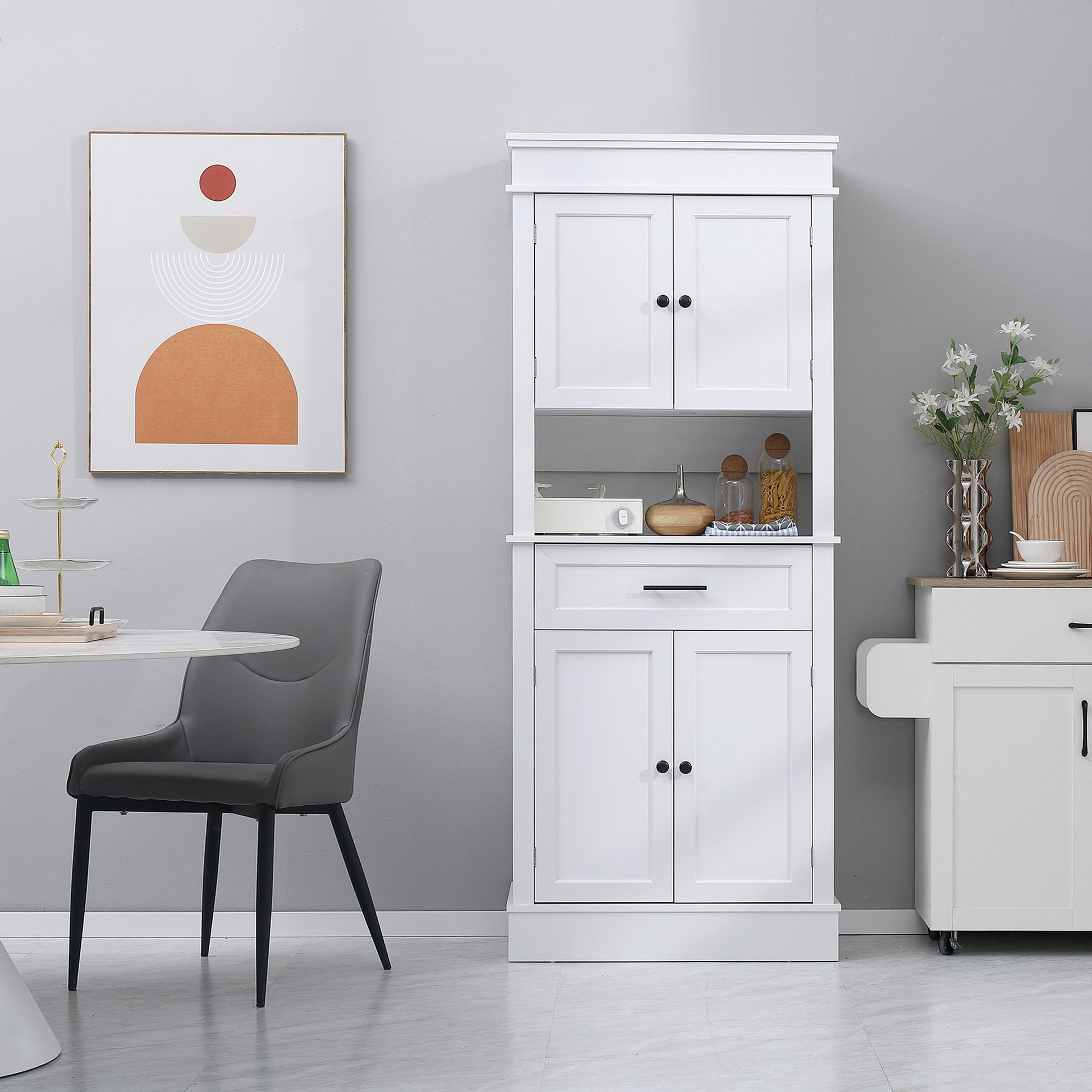 Kitchen Pantry Buffet Sideboard Microwave Storage Cabinet with 4 Doors 1 Drawer and Open Shelf for Living Room 74x39.5x183 cm White