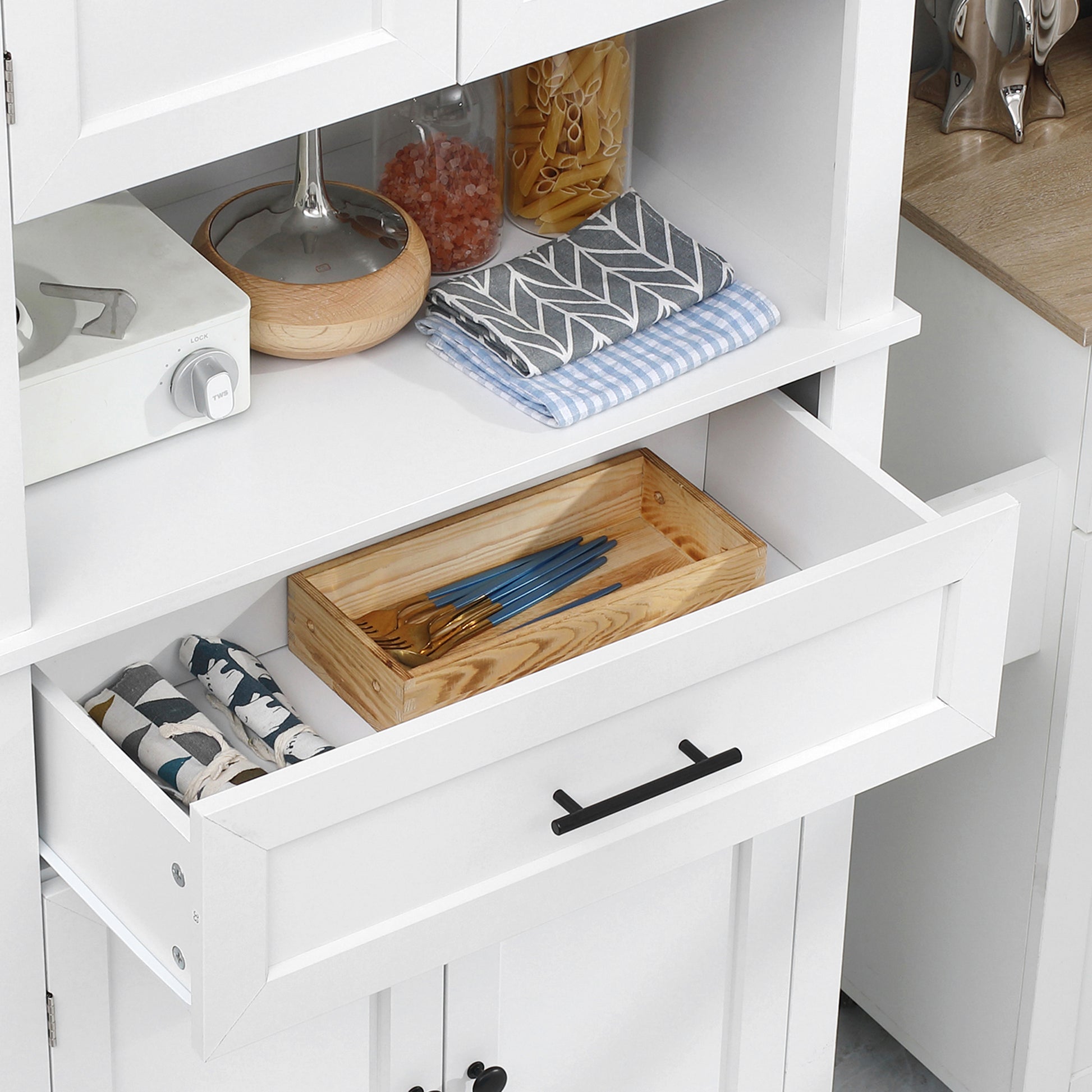 Kitchen Pantry Buffet Sideboard Microwave Storage Cabinet with 4 Doors 1 Drawer and Open Shelf for Living Room 74x39.5x183 cm White