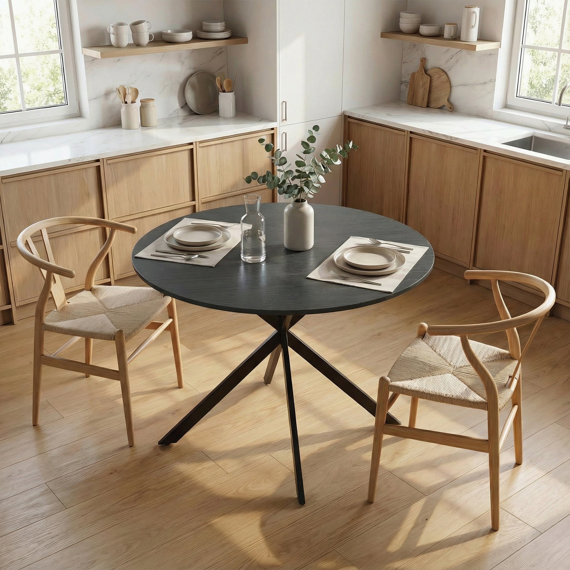 Round Dining Table for 4, 39.4 in Ø Industrial Style with Steel Legs for Dining Room, Kitchen, Home Office, Black