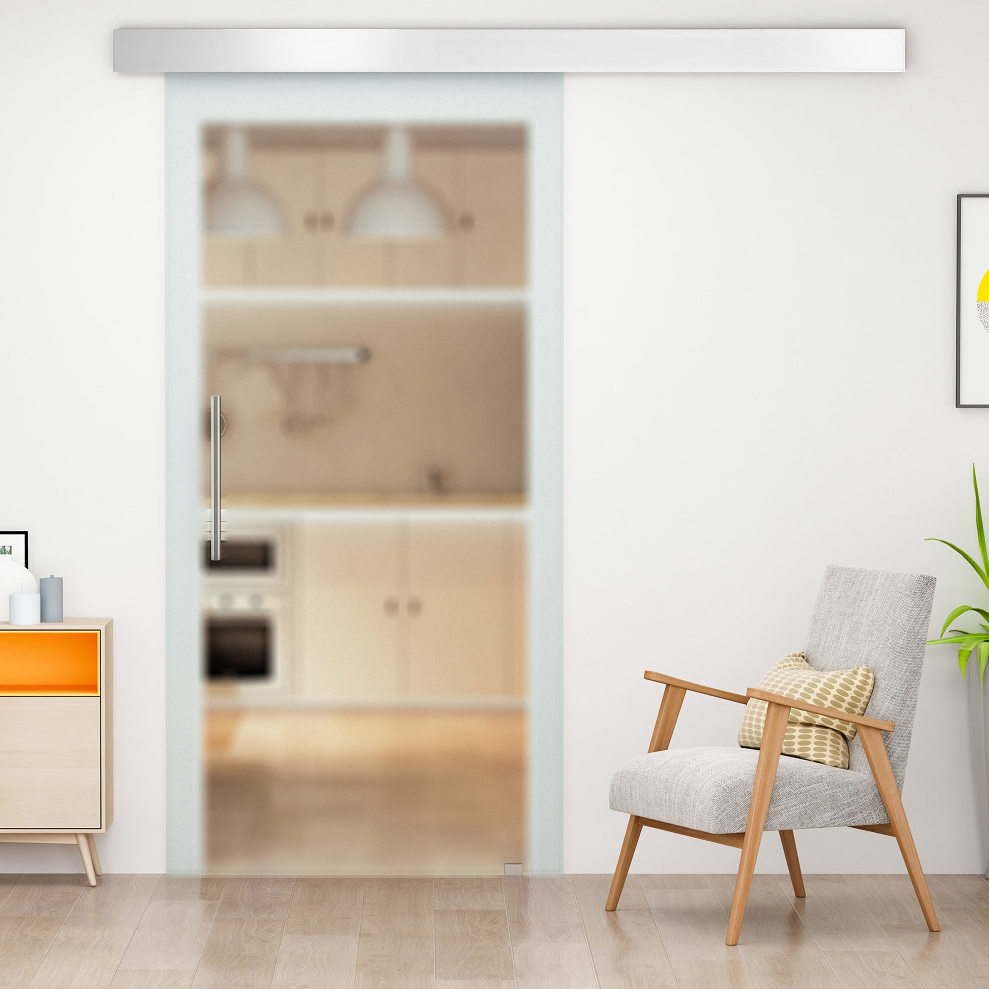 Glass Sliding Door Room Door with Handle Bar One Side Frosted 77.5 x 205 cm