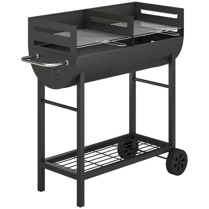 Charcoal Grill Cart with 2 Cooking Zones, Height-Adjustable Grates, Wood Shelf & Wheels – Portable Charcoal Grill for Patio, Picnic, Party (103 x 46.5 x 100 cm / 40.6" x 18.3" x 39.4") Black