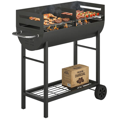 Charcoal Grill Cart with 2 Cooking Zones, Height-Adjustable Grates, Wood Shelf & Wheels – Portable Charcoal Grill for Patio, Picnic, Party (103 x 46.5 x 100 cm / 40.6" x 18.3" x 39.4") Black