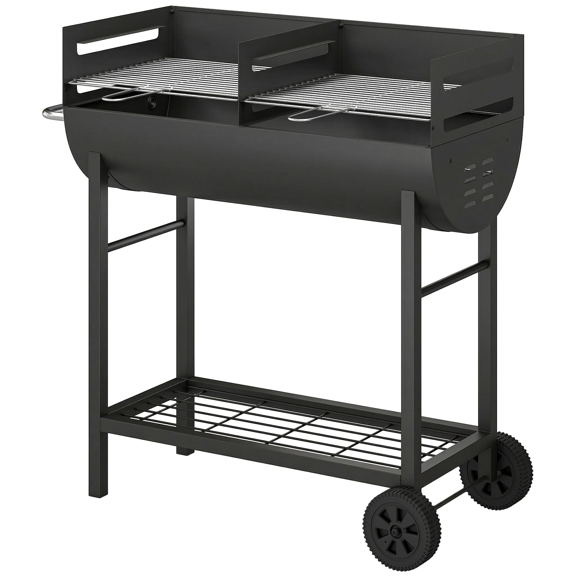 Charcoal Grill Cart with 2 Cooking Zones, Height-Adjustable Grates, Wood Shelf & Wheels – Portable Charcoal Grill for Patio, Picnic, Party (103 x 46.5 x 100 cm / 40.6" x 18.3" x 39.4") Black