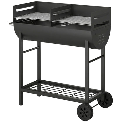 Charcoal Grill Cart with 2 Cooking Zones, Height-Adjustable Grates, Wood Shelf & Wheels – Portable Charcoal Grill for Patio, Picnic, Party (103 x 46.5 x 100 cm / 40.6" x 18.3" x 39.4") Black