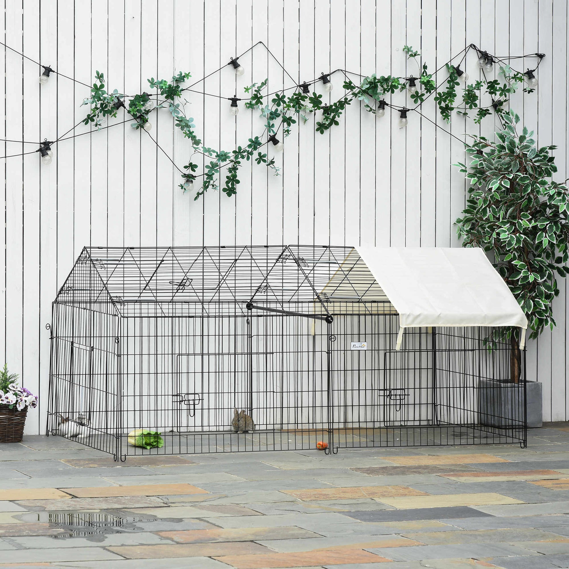 Small Animal Fence Pet Cage Galvanized Metal Frame 4 Ground Stakes Included 220 x 103 x 103 cm Black and Beige