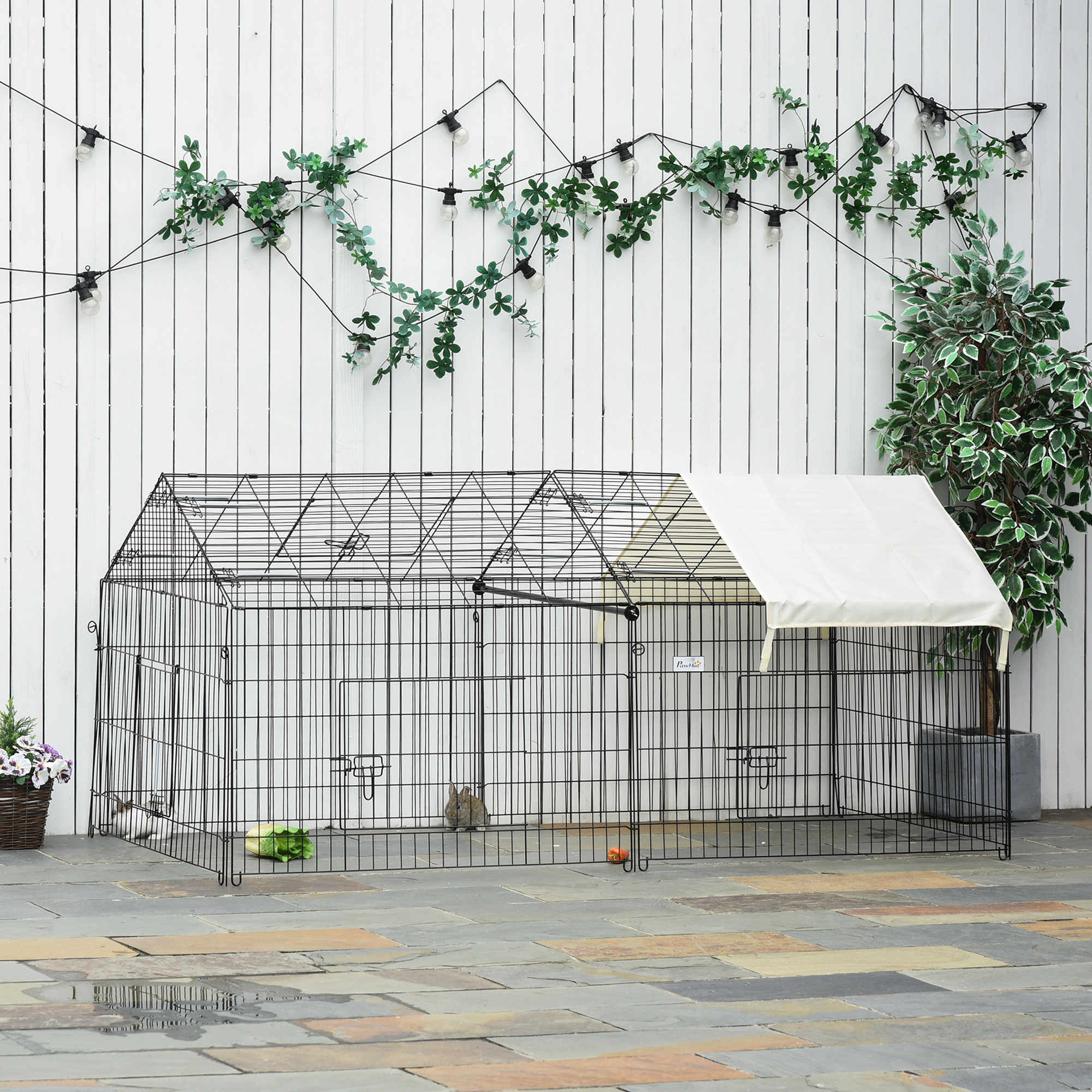 Small Animal Fence Pet Cage Galvanized Metal Frame 4 Ground Stakes Included 220 x 103 x 103 cm Black and Beige