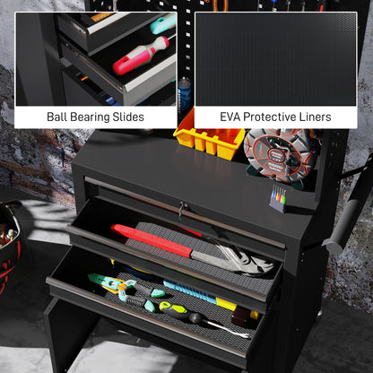 3-Drawer Steel Workshop Cart with Lockable Wheels, Adjustable Shelf & Pegboard - Black