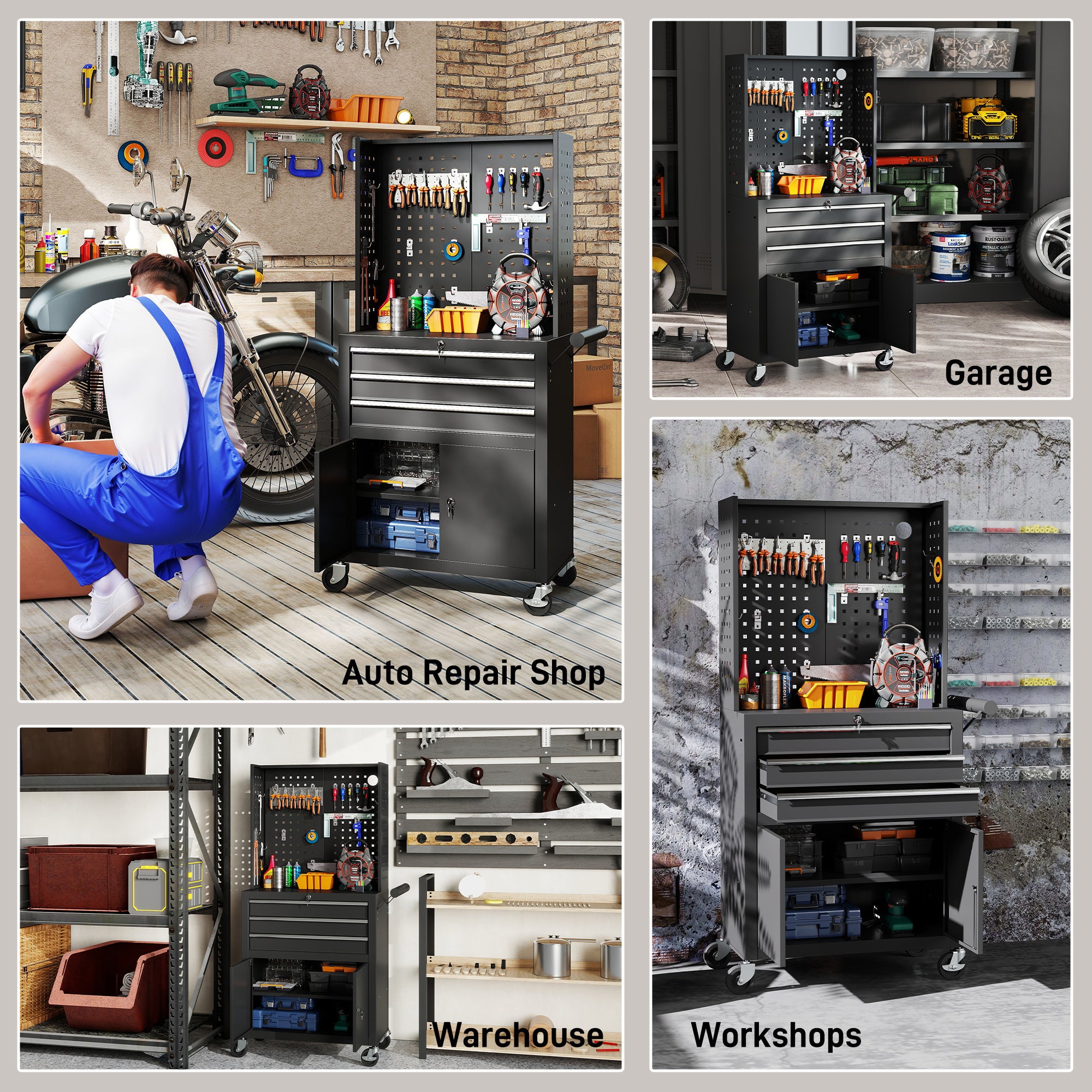 3-Drawer Steel Workshop Cart with Lockable Wheels, Adjustable Shelf & Pegboard - Black