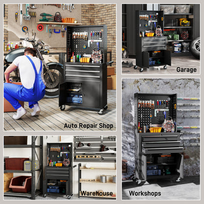 3-Drawer Steel Workshop Cart with Lockable Wheels, Adjustable Shelf & Pegboard - Black