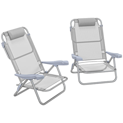 Set of 2 Folding Garden Chairs Portable Fishing Chair Camping Chair 6-Level Reclining Backrest Headrest - Aluminum dim. 62L x 65W x 80H cm Gray