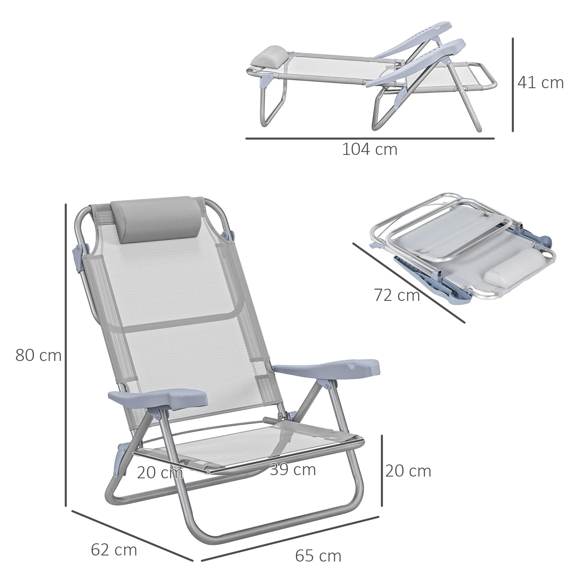Set of 2 Folding Garden Chairs Portable Fishing Chair Camping Chair 6-Level Reclining Backrest Headrest - Aluminum dim. 62L x 65W x 80H cm Gray