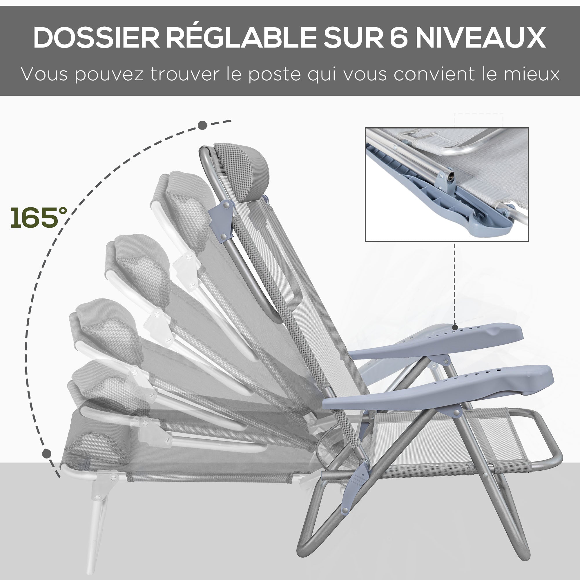 Set of 2 Folding Garden Chairs Portable Fishing Chair Camping Chair 6-Level Reclining Backrest Headrest - Aluminum dim. 62L x 65W x 80H cm Gray