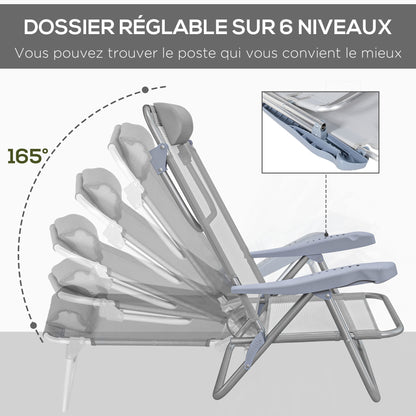 Set of 2 Folding Garden Chairs Portable Fishing Chair Camping Chair 6-Level Reclining Backrest Headrest - Aluminum dim. 62L x 65W x 80H cm Gray