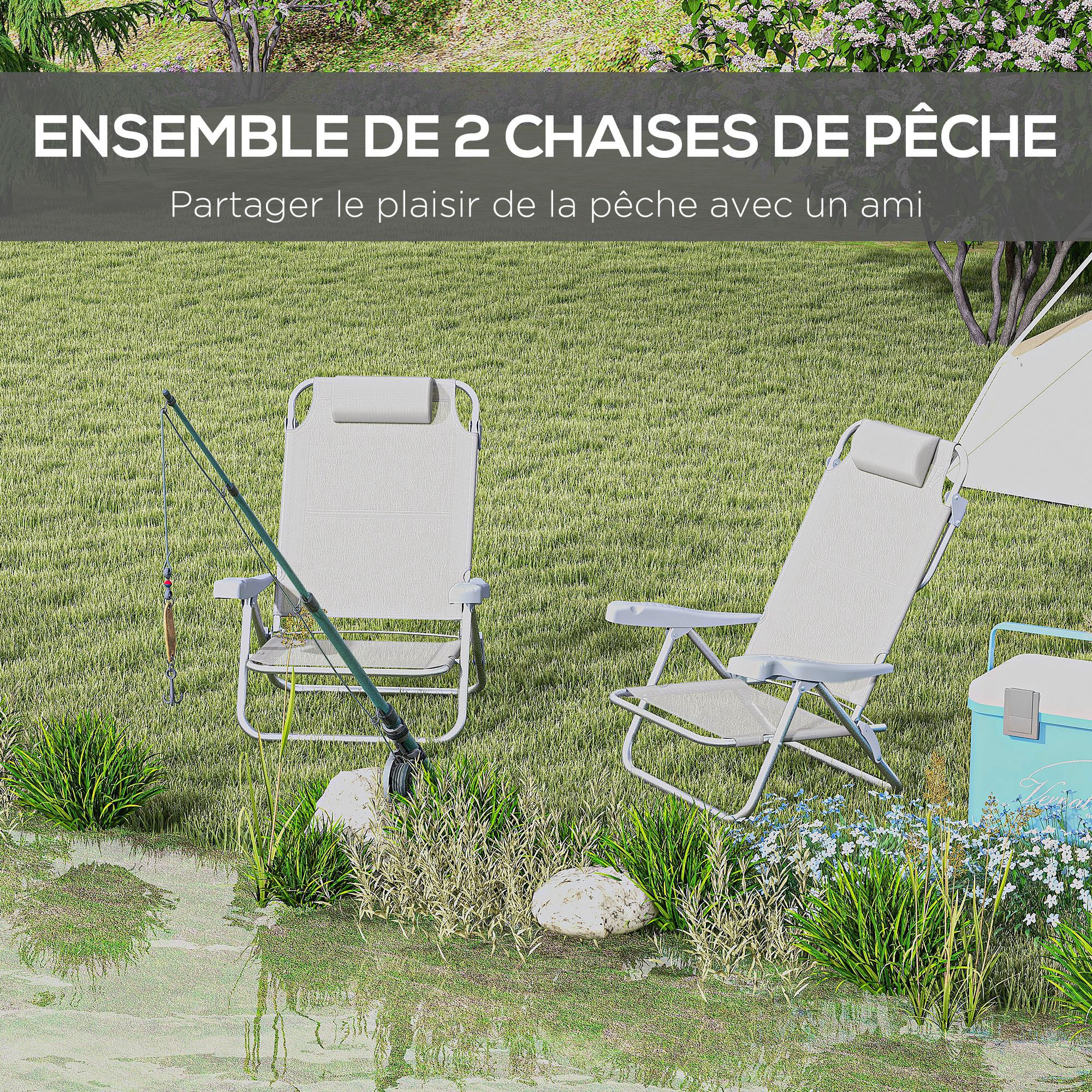Set of 2 Folding Garden Chairs Portable Fishing Chair Camping Chair 6-Level Reclining Backrest Headrest - Aluminum dim. 62L x 65W x 80H cm Gray