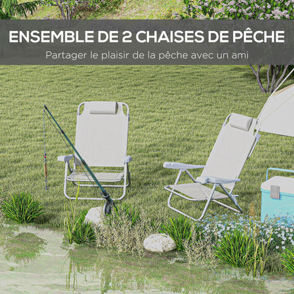 Set of 2 Folding Garden Chairs Portable Fishing Chair Camping Chair 6-Level Reclining Backrest Headrest - Aluminum dim. 62L x 65W x 80H cm Gray
