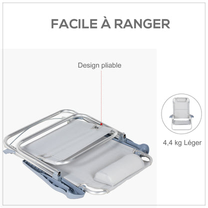 Set of 2 Folding Garden Chairs Portable Fishing Chair Camping Chair 6-Level Reclining Backrest Headrest - Aluminum dim. 62L x 65W x 80H cm Gray