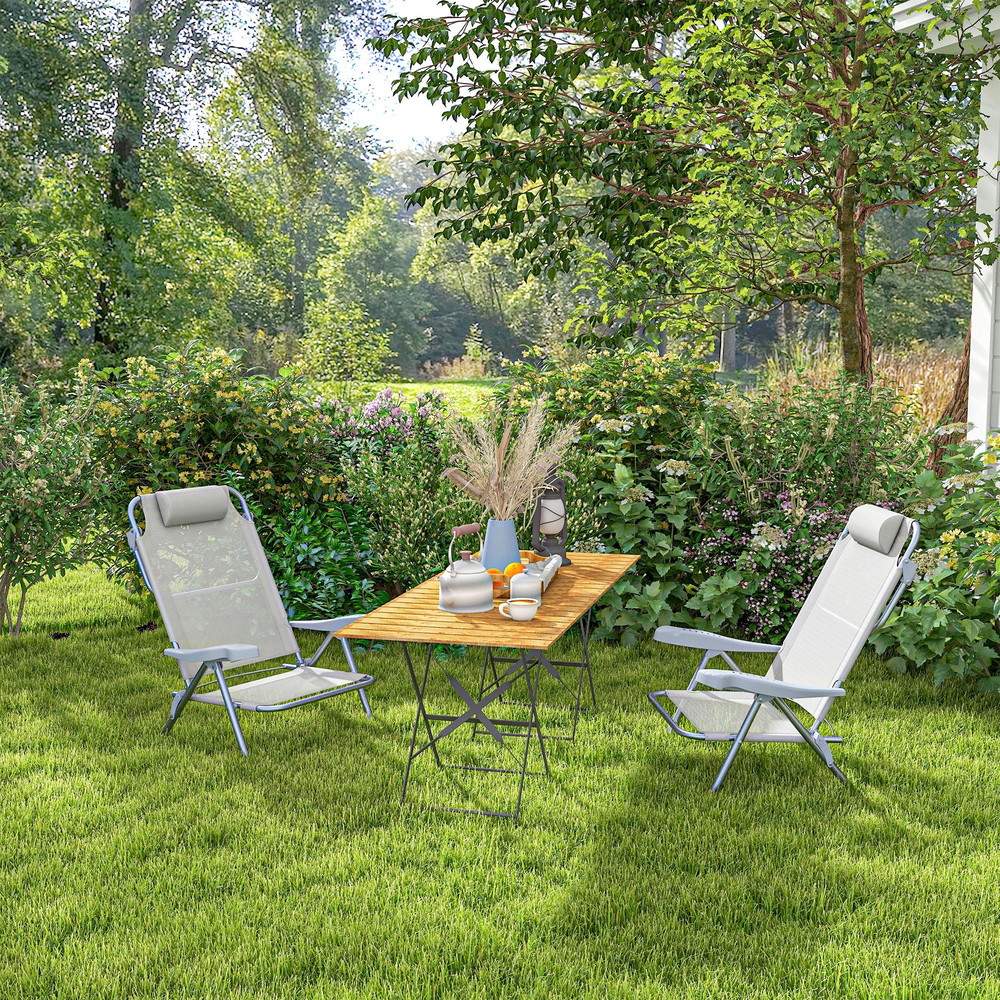 Set of 2 Folding Garden Chairs Portable Fishing Chair Camping Chair 6-Level Reclining Backrest Headrest - Aluminum dim. 62L x 65W x 80H cm Gray