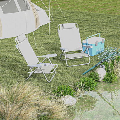 Set of 2 Folding Garden Chairs Portable Fishing Chair Camping Chair 6-Level Reclining Backrest Headrest - Aluminum dim. 62L x 65W x 80H cm Gray