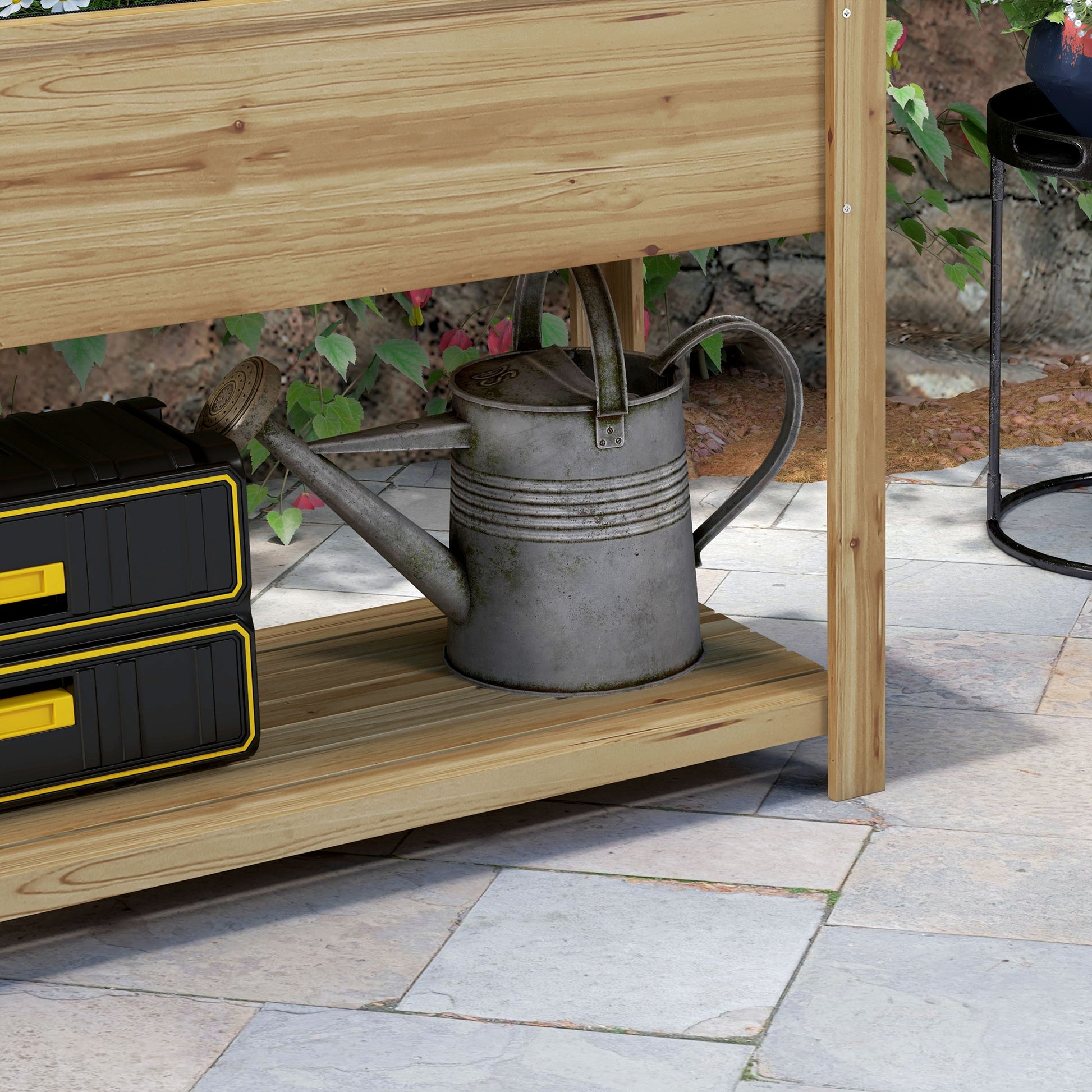 Rectangular Raised Planter with Trellis - Raised garden bed with 2 foldable side shelves and 1 lower shelf - wood dimensions 140L x 45W x 151H cm