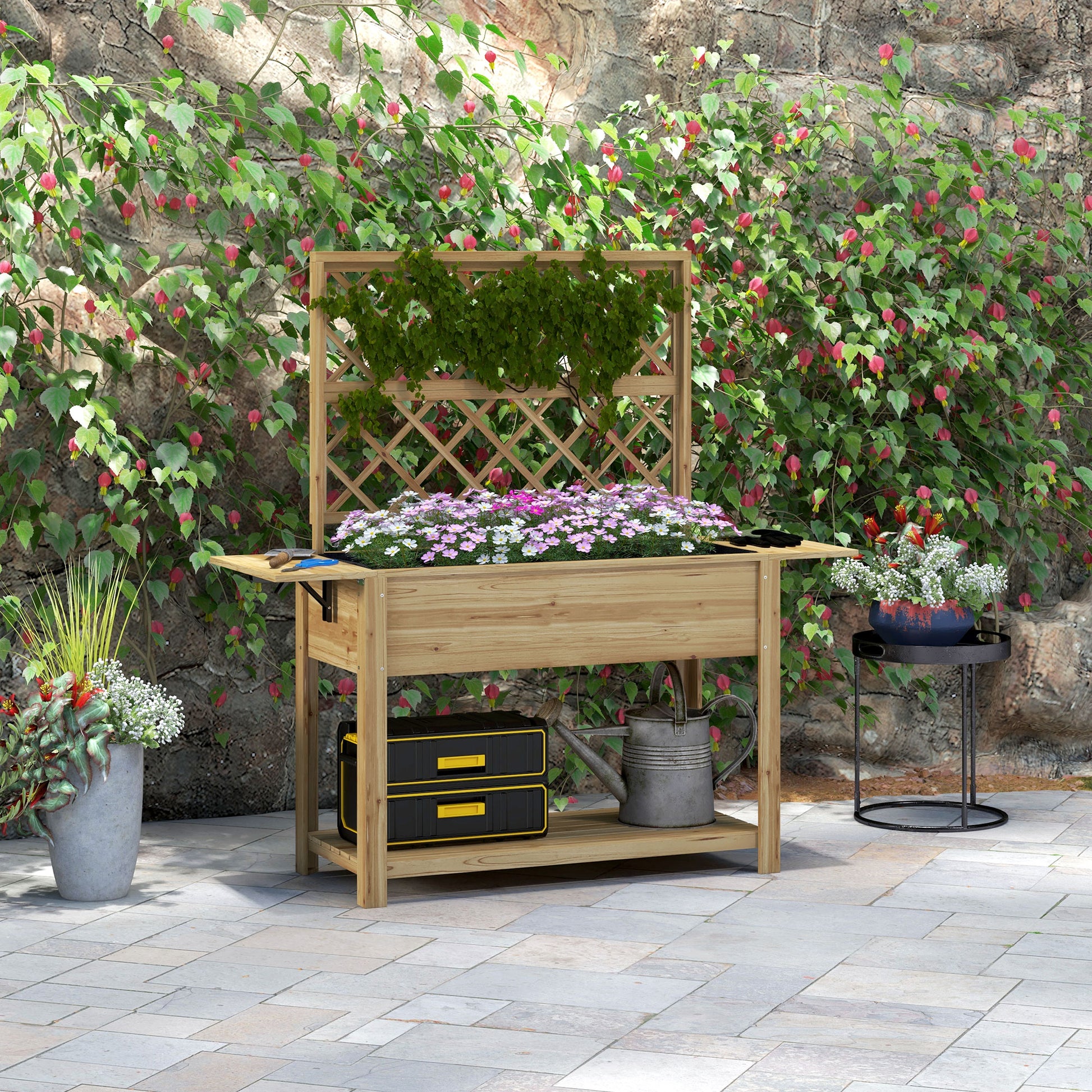 Rectangular Raised Planter with Trellis - Raised garden bed with 2 foldable side shelves and 1 lower shelf - wood dimensions 140L x 45W x 151H cm