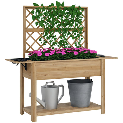 Rectangular Raised Planter with Trellis - Raised garden bed with 2 foldable side shelves and 1 lower shelf - wood dimensions 140L x 45W x 151H cm