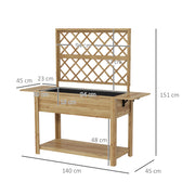 Rectangular Raised Planter with Trellis - Raised garden bed with 2 foldable side shelves and 1 lower shelf - wood dimensions 140L x 45W x 151H cm